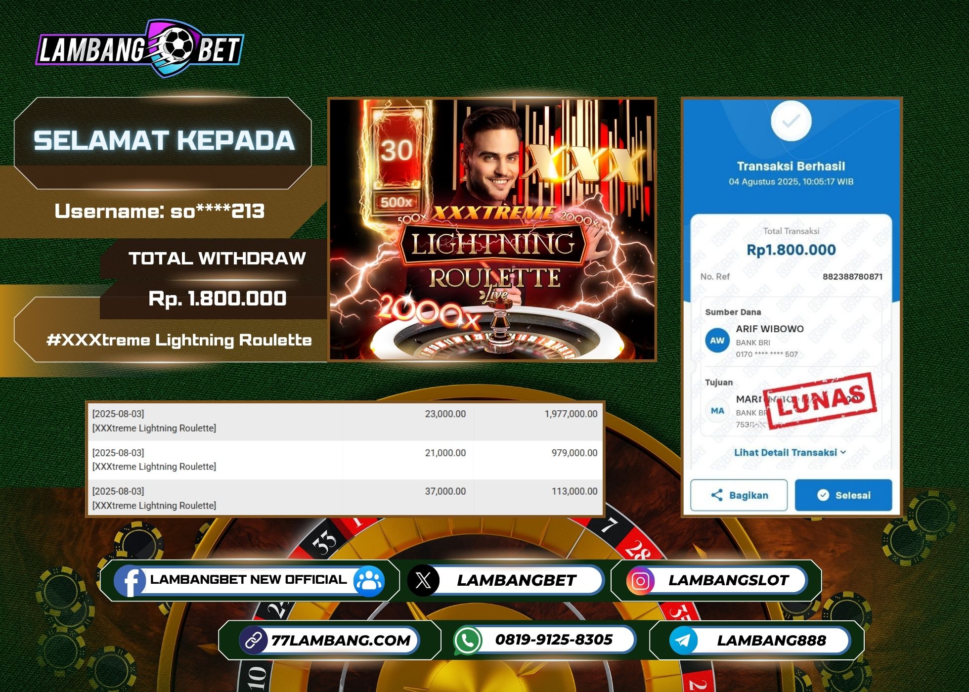 LAMBANGBET [4 AUGUST 2025] JACKPOT LIVE CASINO XXXtreme Lightning Roulette "Rp1.800.000" LUNAS